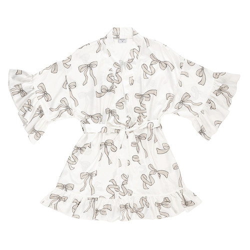 Ruffled Satin Robe - White + Flax Bows