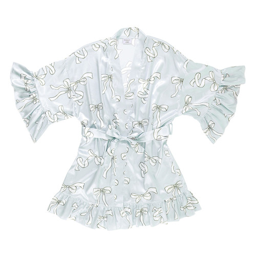 Ruffled Satin Robe - Spa Blue + White Bows