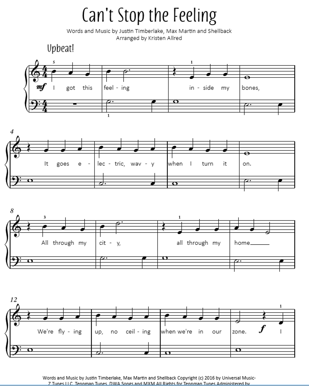 Can T Stop The Feeling From Trolls Easy Piano Cover Sheet Music Justin Timberlake