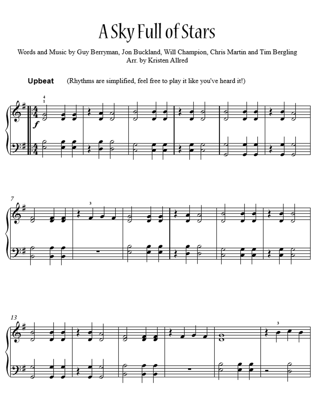 A Sky Full Of Stars by Coldplay - Easy Piano Sheet Music Download