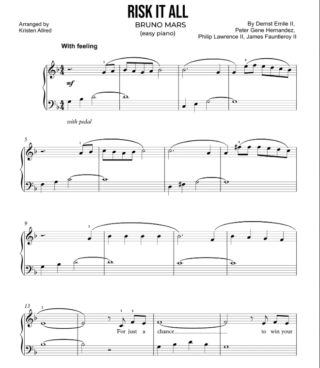 Risk It All by Bruno Mars (Easy Piano Solo Sheet Music PDF)