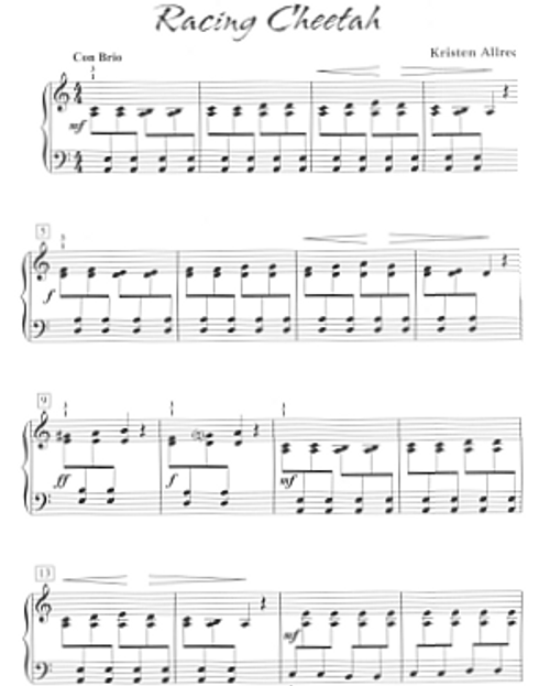 The piano solo titled Racing Cheetah from the book Jungle Beat by Kristen Allred. Racing Cheetah is a popular piece with young piano students.
