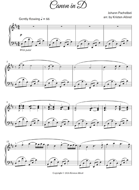 Pachelbel's canon in D Late Intermediate arr. for piano for weddings, concerts, and worship services.