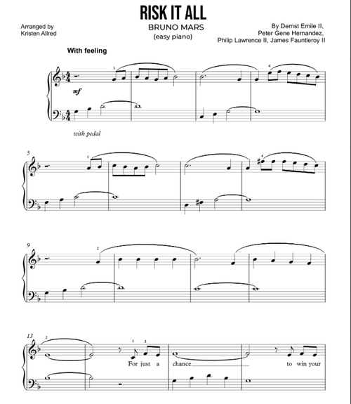 Risk It All - Bruno Mars (Easy Piano Sheet Music)