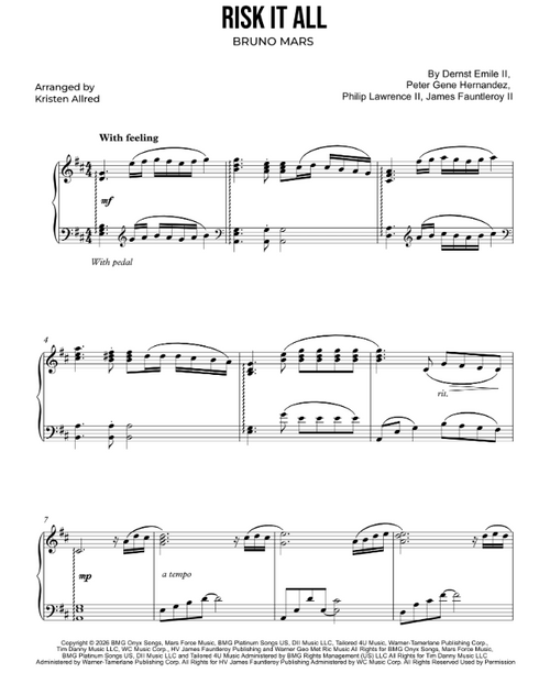 Risk It All - Bruno Mars (Late Intermediate Piano Sheet Music)
