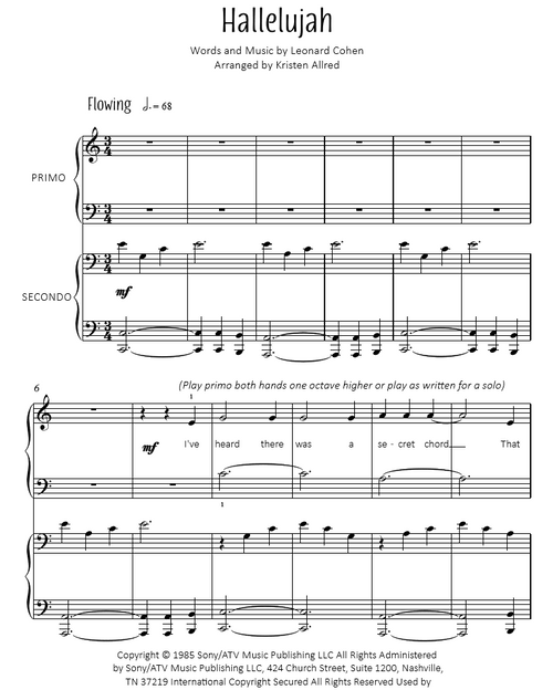 Hallelujah from Shrek - Easy Piano Duet Sheet Music Download