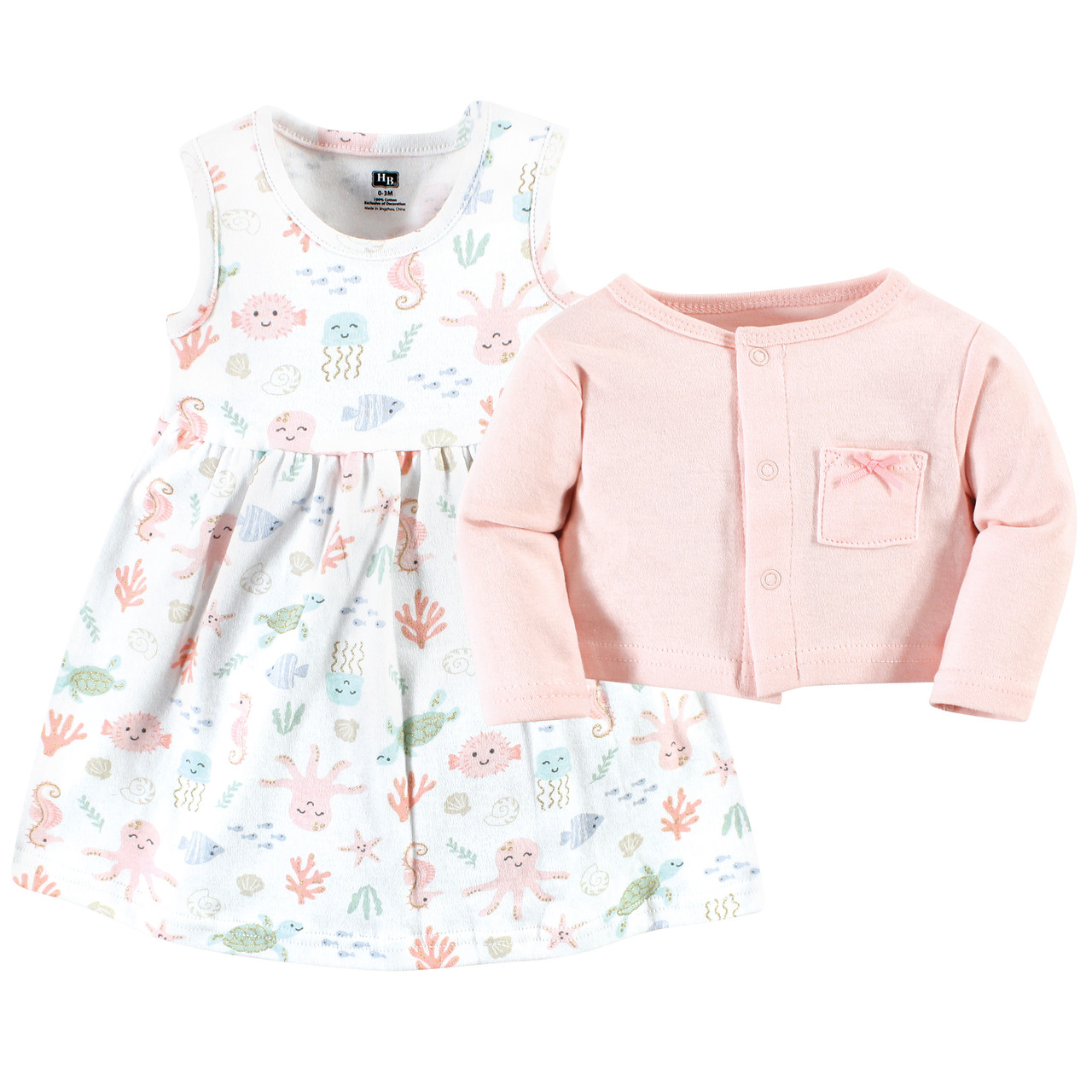 Hudson Baby Infant Girl Cotton Dress and Cardigan Set, Pastel Sea