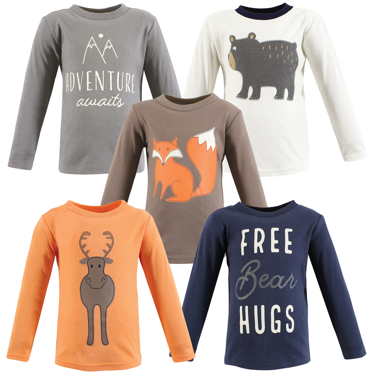 Magliette Maniche Lunghe Hudson Baby Woodland - Pacco 5 Pezzi Unisex, Cotone Morbido, Per Bambini 4 Anni