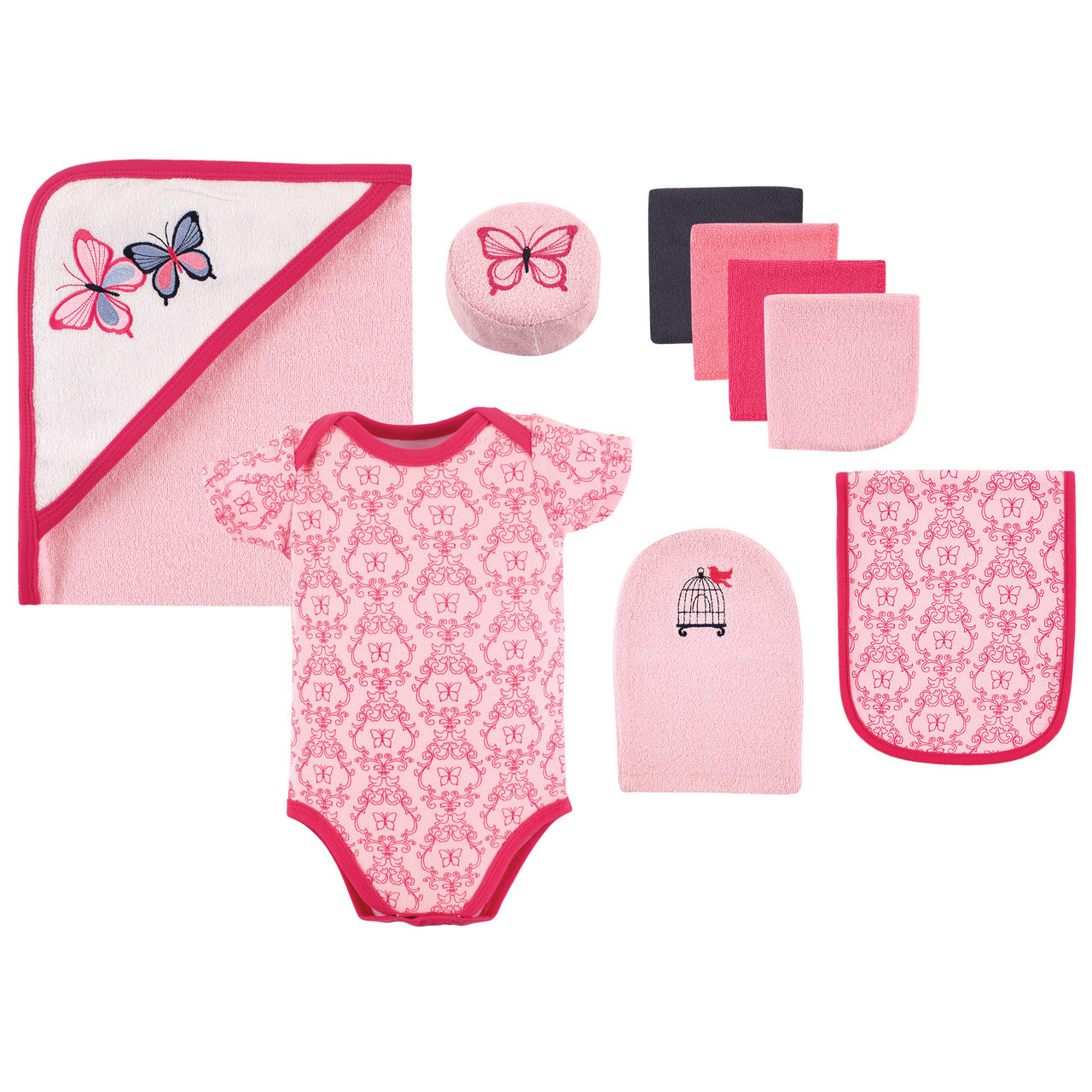 Hudson Baby Bath Time Gift Set 9 Piece Pink Butterfly Baby And
