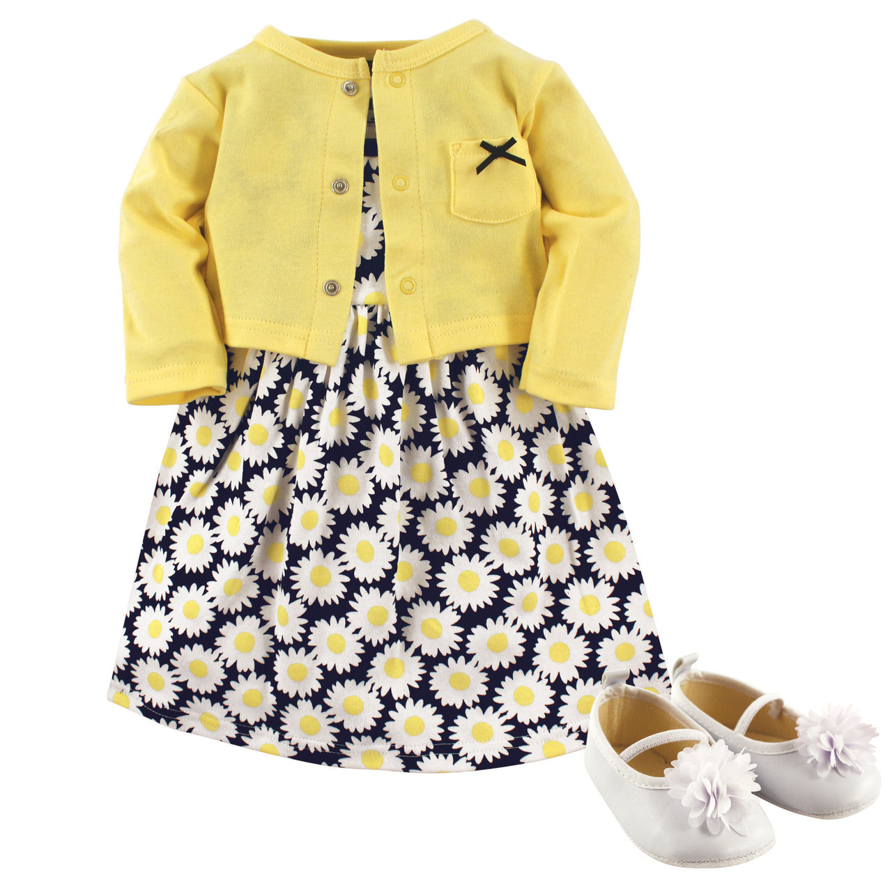 Hudson Baby Dress, Cardigan and Shoes, 3-Piece Set, Daisies