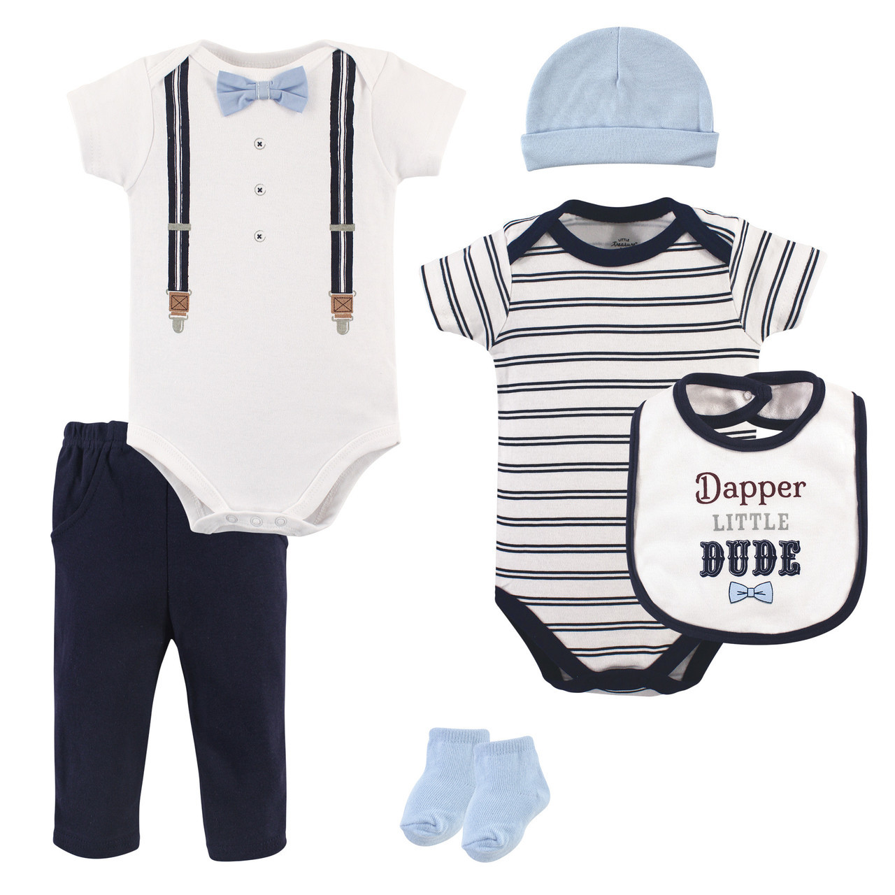 Little Treasure Bodysuits Pant Socks Bib And Cap 6 Piece Set