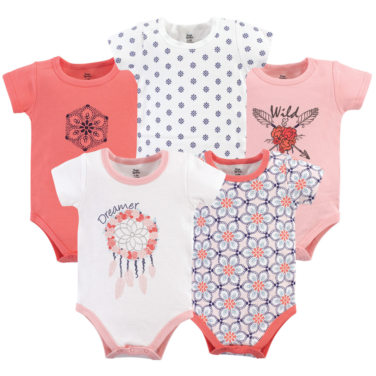Yoga Sprout Bodysuits 5 Pack Coral Dream Catcher Baby And