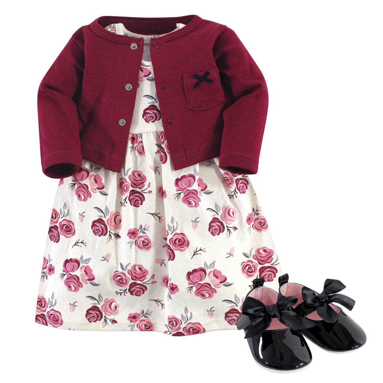 Hudson Baby Dress Cardigan Shoe Set 3 Piece Rose Baby And
