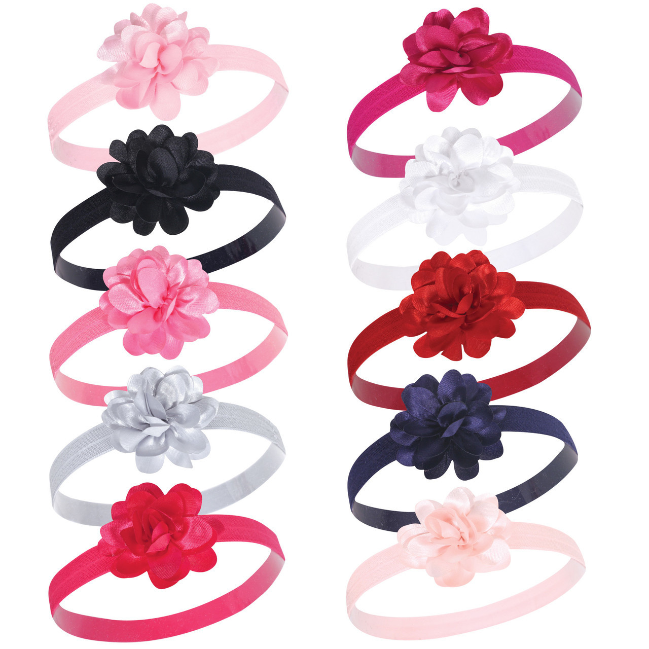 10 Pack Satin Pink/Black Hudson Baby Girl Flower Headbands 