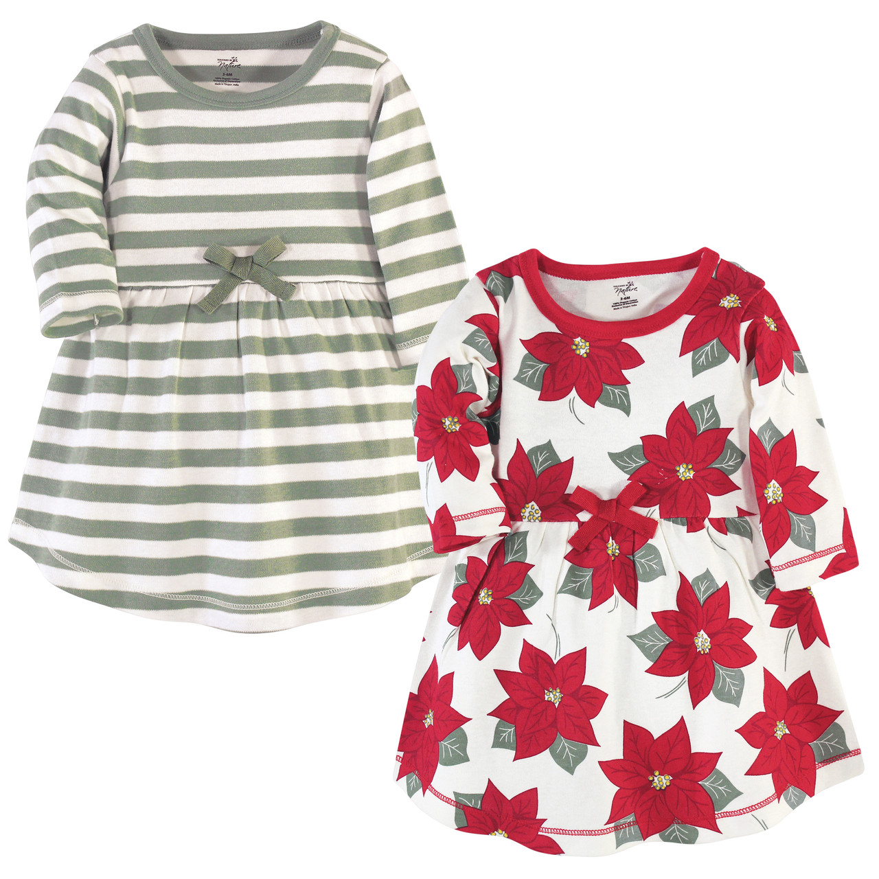 Touched by Nature Toddler Organic Cotton Dresses, Poinsettia Long Sleeve 2-Pack