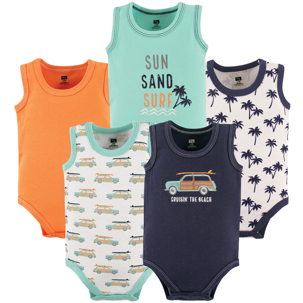 Hudson Baby Boy Sleeveless Cotton Bodysuits 5 Pack Surf Car