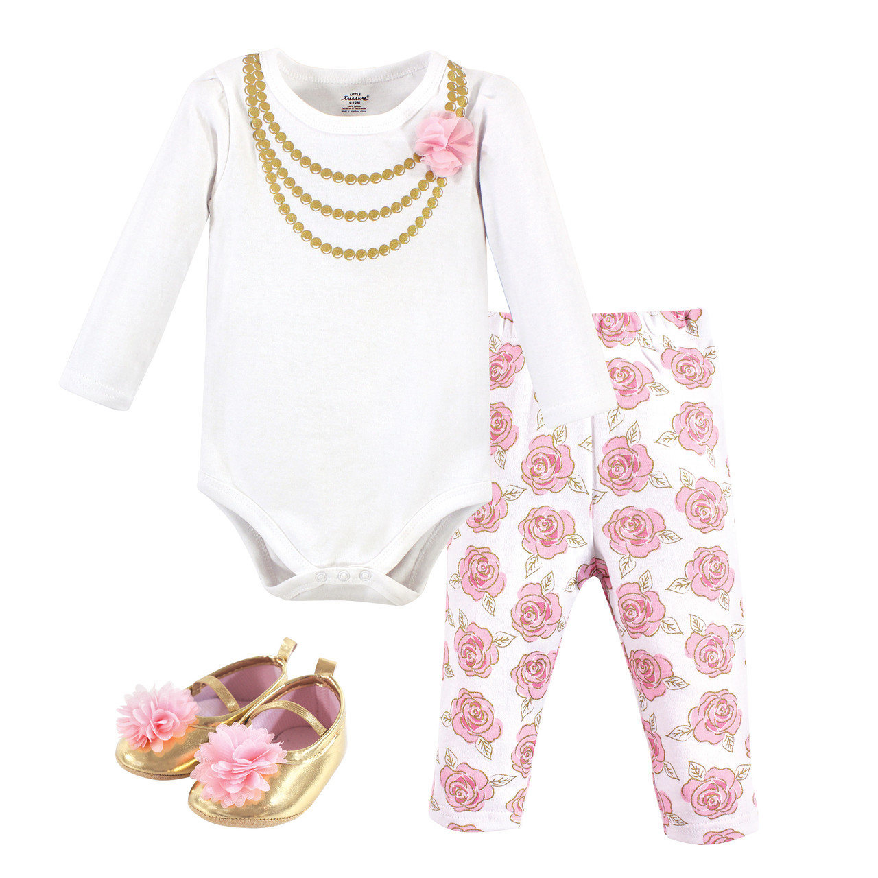 Little Treasure Long Sleeve Bodysuit, Pant and Shoe, Gold Roses ...