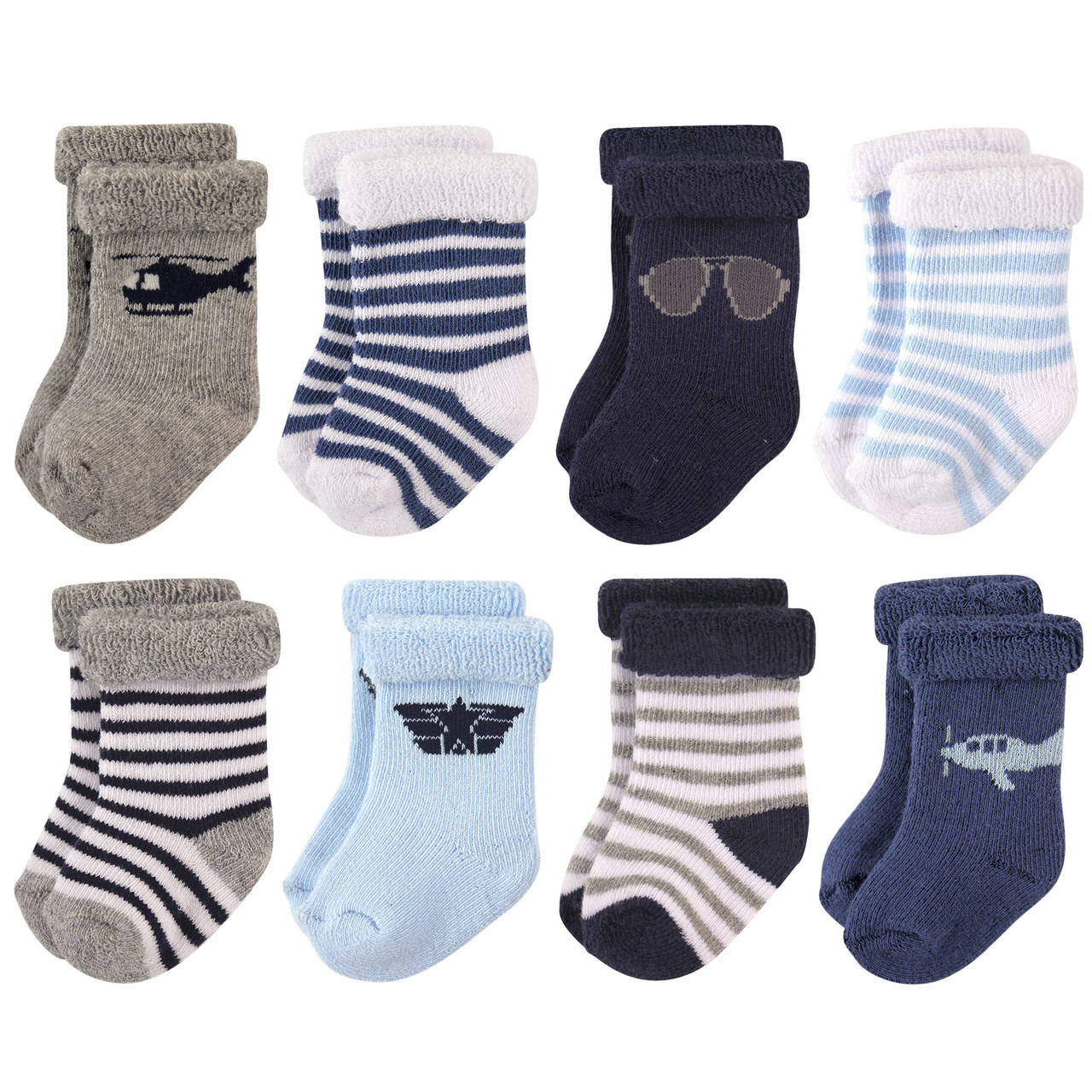 Hudson Baby Rolled Cuff Crew Socks, 8Pack, White Baby and Toddler