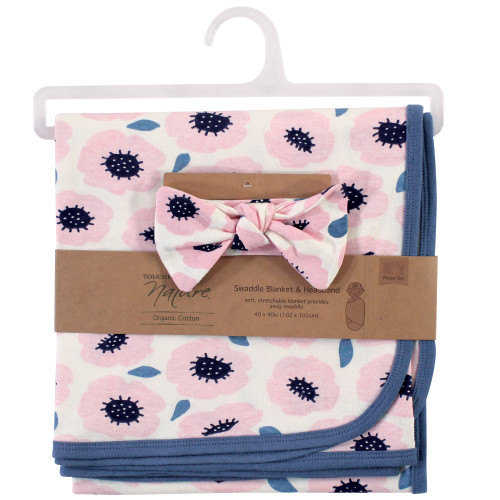 Touched by Nature Organic Cotton Swaddle Blanket and Headband or Cap, Blossoms