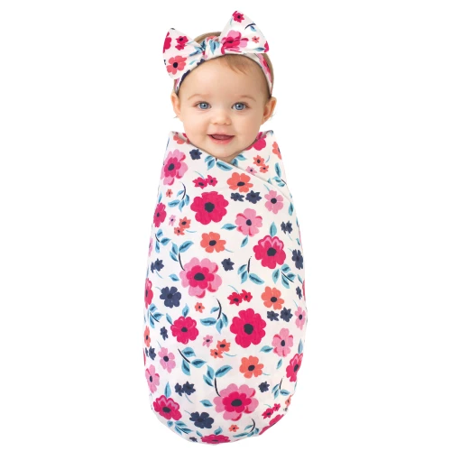 Touched by Nature Organic Cotton Swaddle Blanket and Headband or Cap, Garden Floral