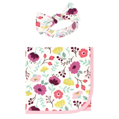 Touched by Nature Organic Cotton Swaddle Blanket and Headband or Cap, Botanical