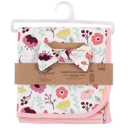 Touched by Nature Organic Cotton Swaddle Blanket and Headband or Cap, Botanical