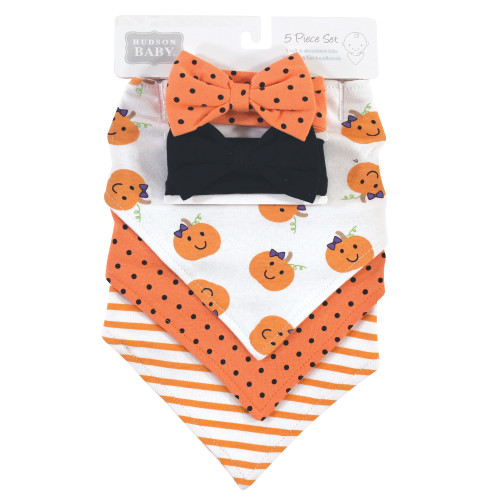 Hudson Baby Cotton Bib and Headband or Caps Set, Girl Pumpkin