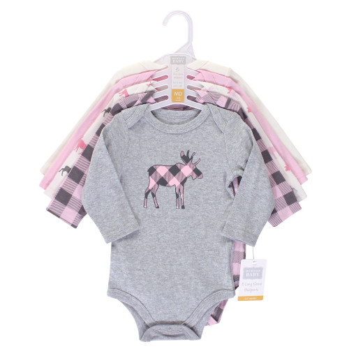 Hudson Baby Cotton Long-Sleeve Bodysuits, Pink Moose 5-Pack