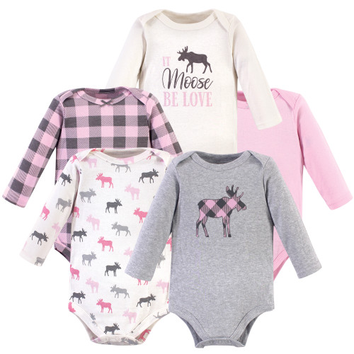 Hudson Baby Cotton Long-Sleeve Bodysuits, Pink Moose 5-Pack