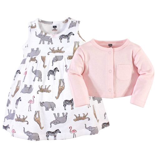 Hudson Baby Baby Girl Cotton Dress and Cardigan Set, Modern Pink Safari