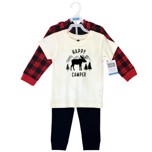 Hudson Baby Cotton Hoodie, Bodysuit or Tee Top and Pant Set, Plaid Moose Toddler