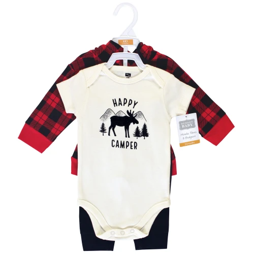Hudson Baby Cotton Hoodie, Bodysuit or Tee Top and Pant Set, Plaid Moose Baby