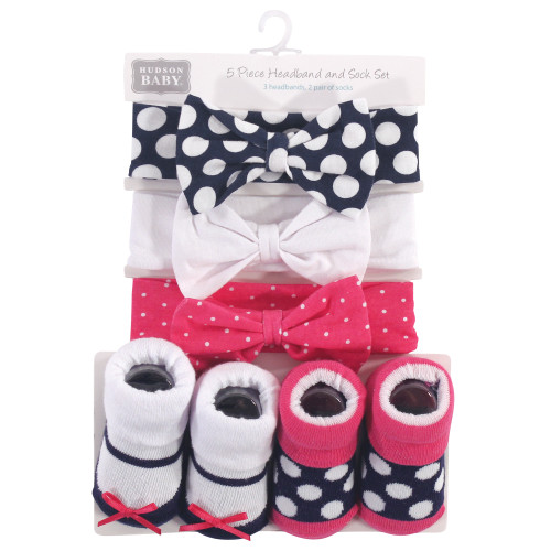 Hudson Baby Headband and Socks Set, Navy Pink Dot