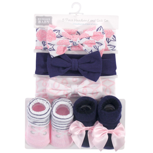 Hudson Baby Headband and Socks Set, Pink Nautical