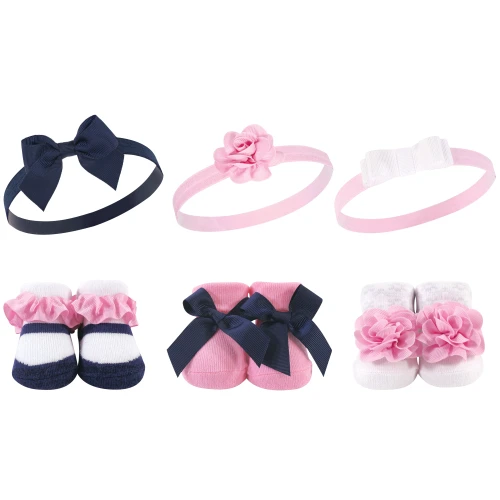 Hudson Baby Headband and Socks Giftset, Navy White 6-Pack