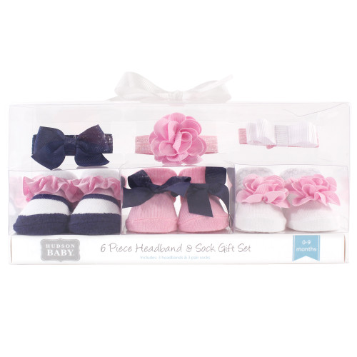 Hudson Baby Headband and Socks Giftset, Navy White 6-Pack