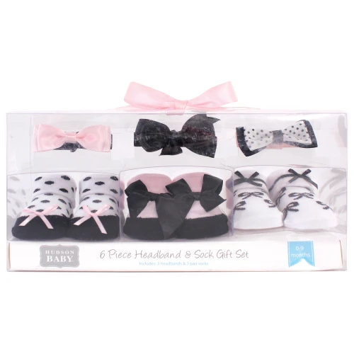 Hudson Baby Headband and Socks Giftset, Black Pink Bows