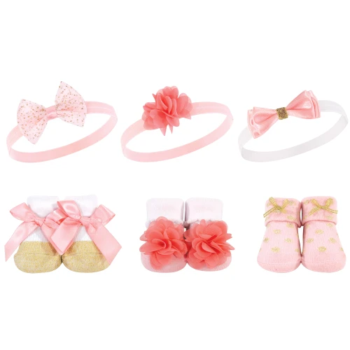 Hudson Baby Headband and Socks Giftset, Coral Gold 6-Piece
