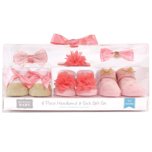 Hudson Baby Headband and Socks Giftset, Coral Gold 6-Piece