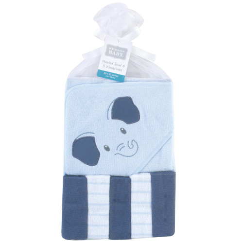 Hudson Baby Hooded Towel and Five Washcloths, Blue Elephant