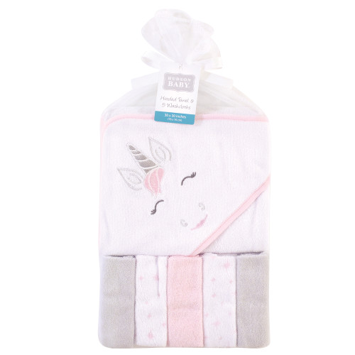 Hudson Baby Hooded Towel and Five Washcloths, Pink Unicorn