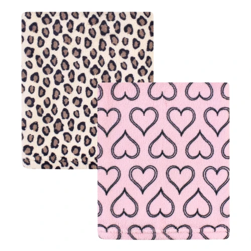 Hudson Baby Silky Plush and Coral Fleece Blanket, Leopard Heart