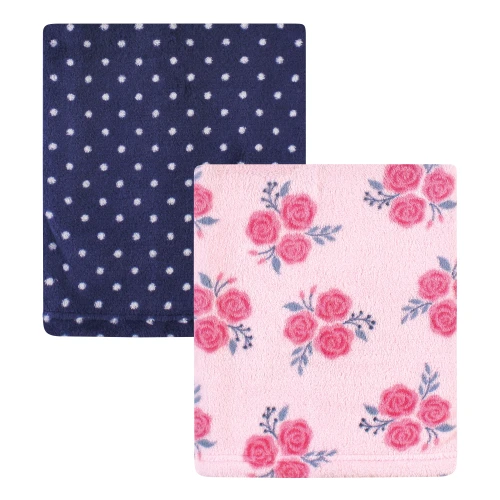 Hudson Baby Silky Plush and Coral Fleece Blanket, Pink Navy Roses