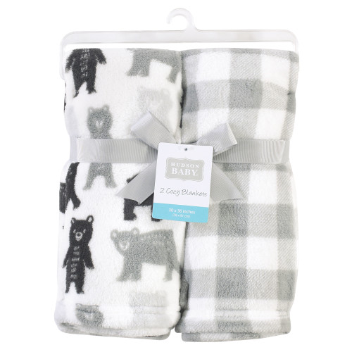 Hudson Baby Silky Plush and Coral Fleece Blanket, Bears And Plaid