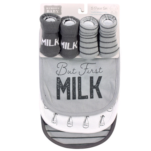 Hudson Baby Cotton Bib and Sock Set, But First Milk