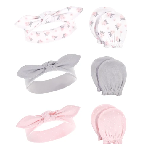 Hudson Baby Cotton Headband and Scratch Mitten Set, Pink Gray Floral