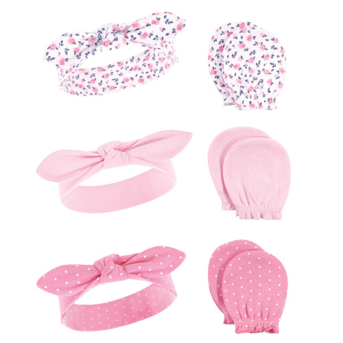 Hudson Baby Cotton Headband and Scratch Mitten Set, Blue Pink Floral, 0-6 Months