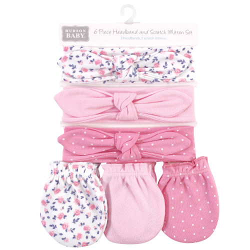 Hudson Baby Cotton Headband and Scratch Mitten Set, Blue Pink Floral