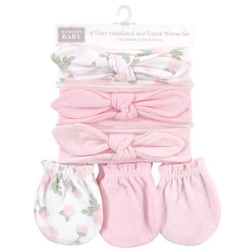 Hudson Baby Cotton Headband and Scratch Mitten Set, Roses