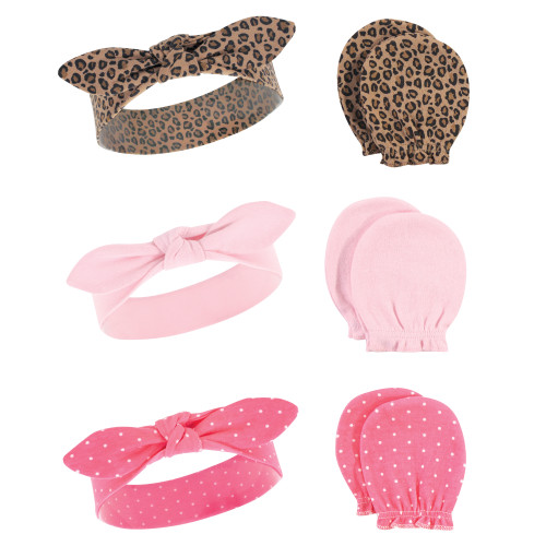 Hudson Baby Cotton Headband and Scratch Mitten Set, Leopard, 0-6 Months